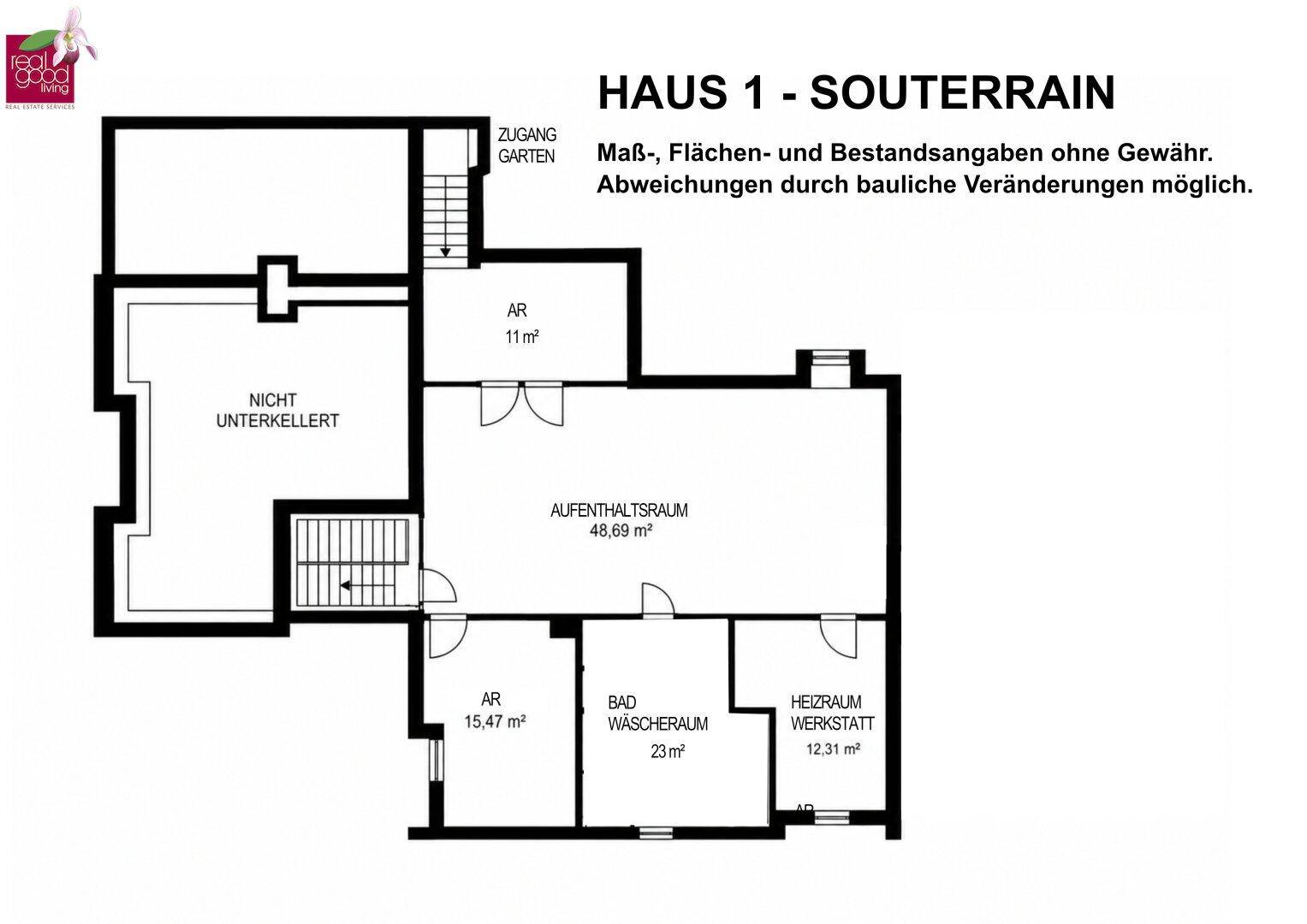 Grundriss des Souterrains mit Aufenthaltsraum, Bad und Zugang zum Garten.
