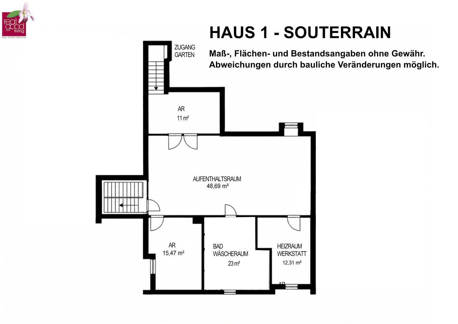 Grundriss des Souterrains von Haus 1 mit Aufenthaltsraum, Bad und Heizraum.