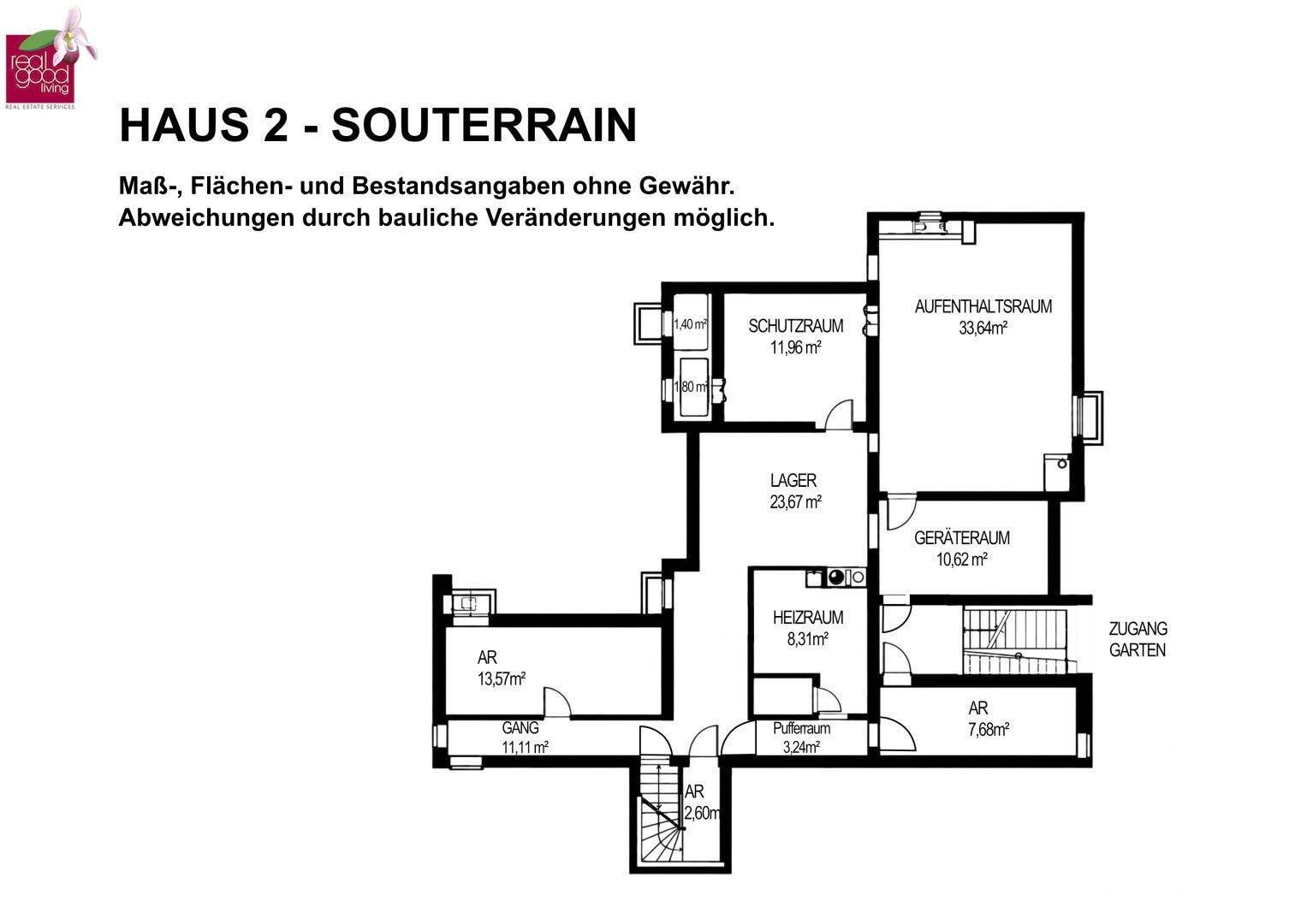 Grundriss des Souterrains von Haus 2 mit Aufenthaltsraum, Lager und Heizraum.