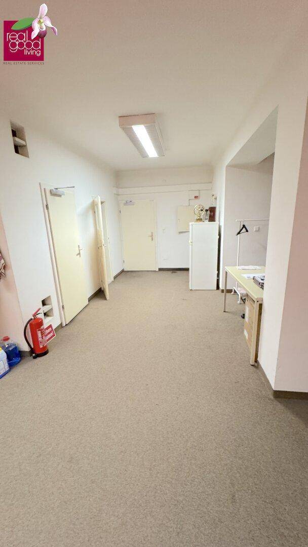 Geräumiger Flur mit Teppichboden, mehreren Türen und einem Feuerlöscher an der Wand.