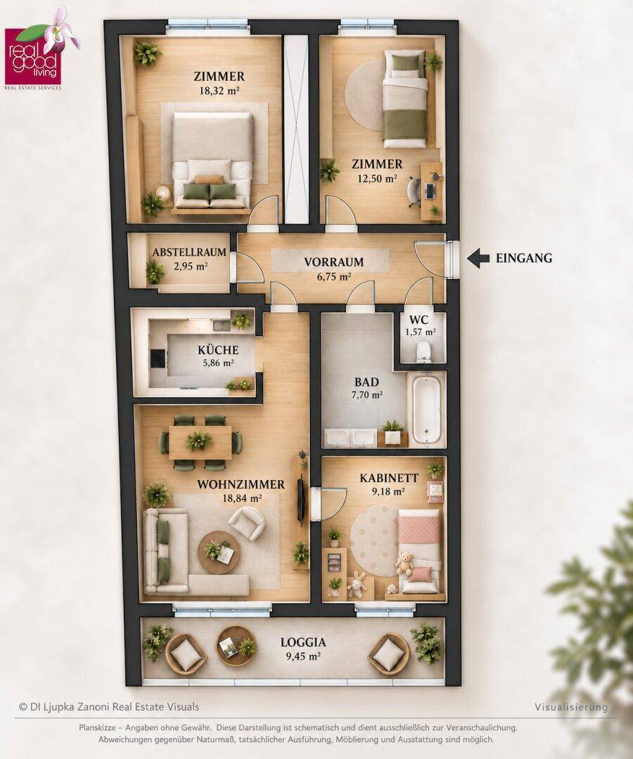 Detaillierter Grundriss einer Wohnung mit drei Zimmern, Küche, Bad, WC und Loggia.