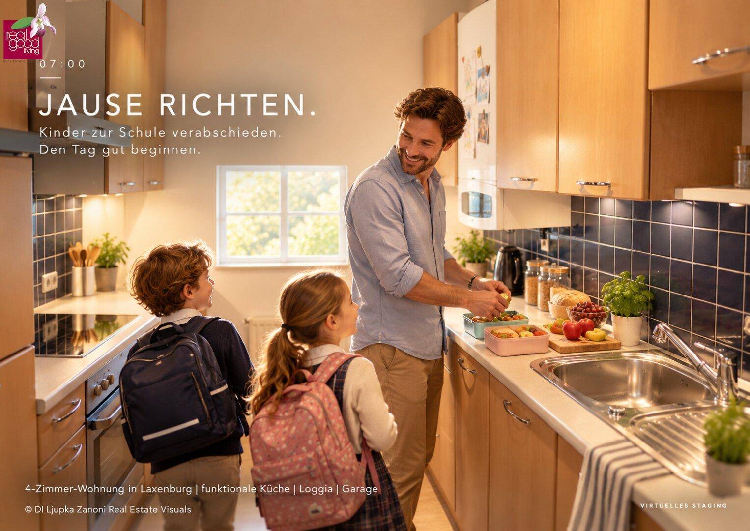 Vater bereitet das Frühstück in einer funktionalen Küche zu, während die Kinder für die Schule bereit sind.