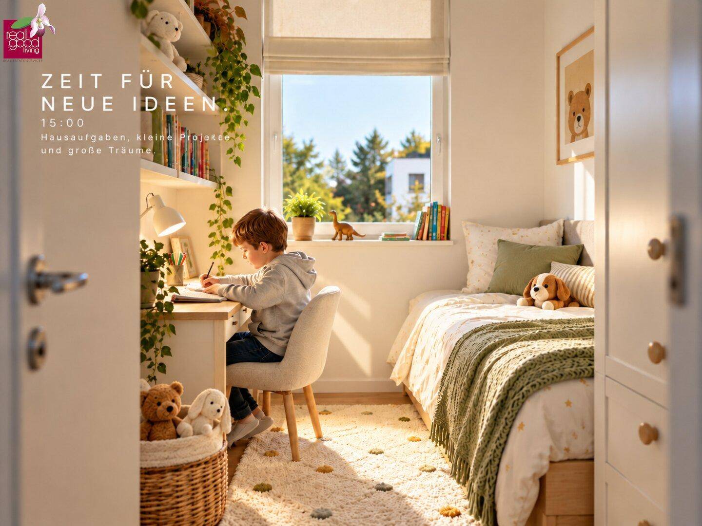 Gemütliches Kinderzimmer mit Schreibtisch und Bett, ideal zum Lernen und Spielen, mit viel Tageslicht.