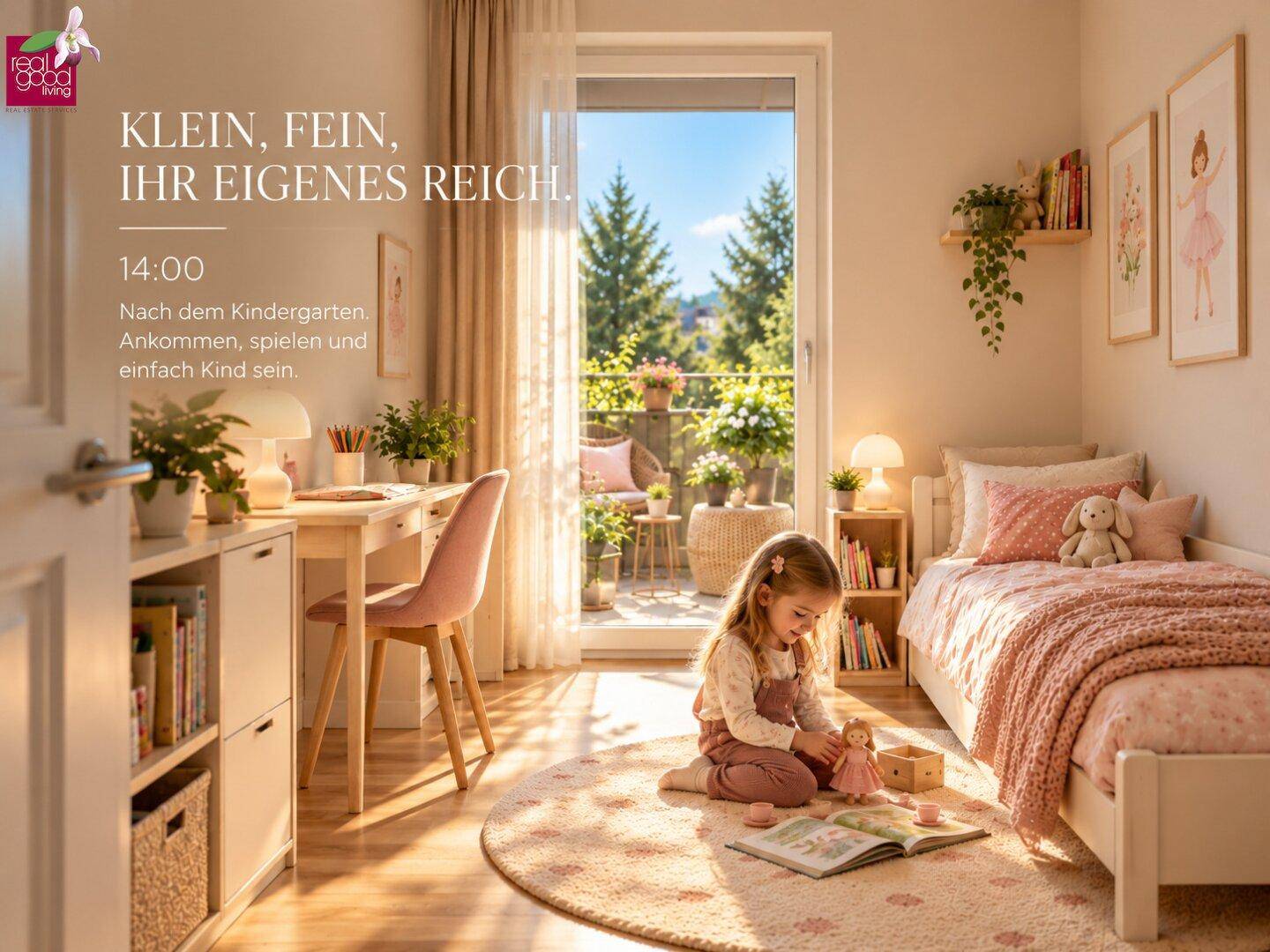 Helles Kinderzimmer mit Bett, Schreibtisch und direktem Zugang zu einem möblierten Balkon.