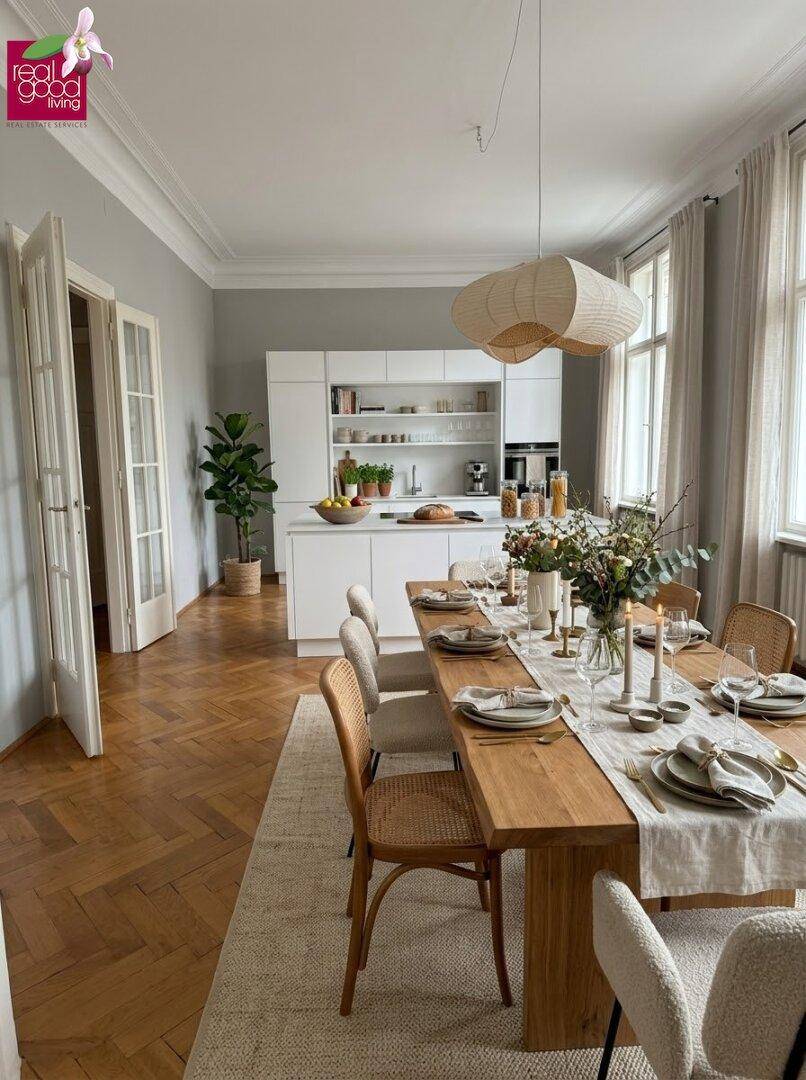 Eleganter Essbereich mit Holztisch, moderner Küche und Fischgrätparkett in hellem Ambiente.