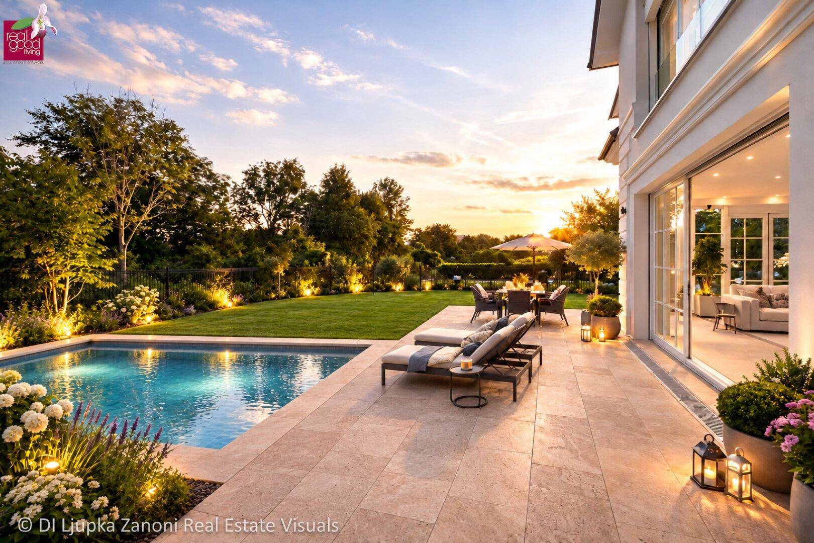 Große Sonnenterrasse mit Pool, Liegestühlen und Essbereich im gepflegten Garten bei Sonnenuntergang.