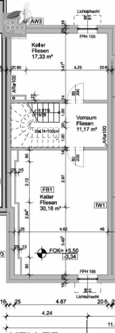 Grundriss des Kellergeschosses mit verschiedenen Kellerräumen und Vorraum.