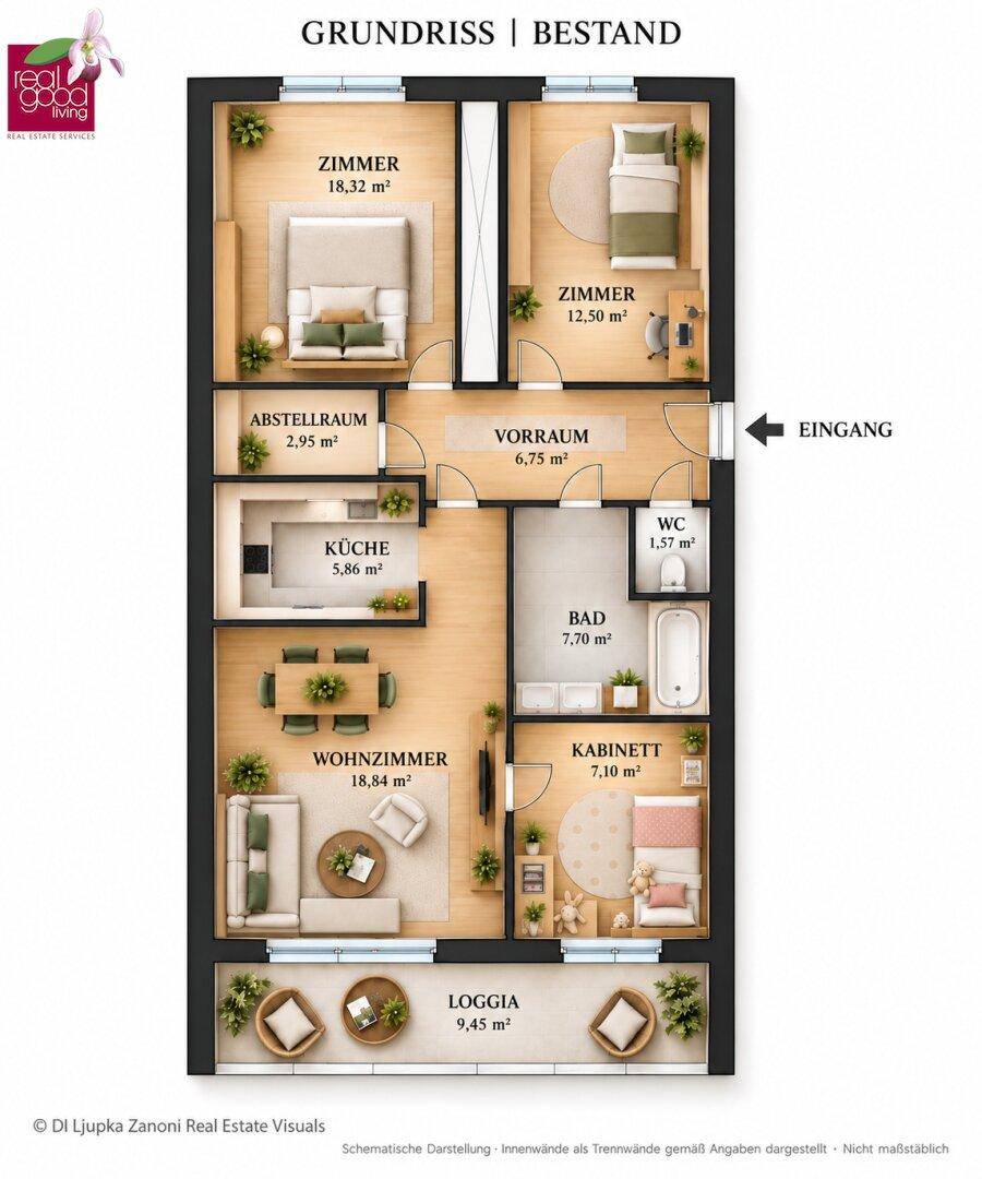 Detaillierter Grundriss einer Wohnung mit drei Zimmern, Küche, Bad und Loggia.