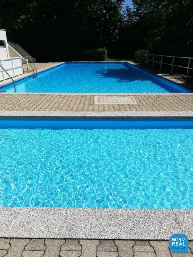 Zwei gepflegte Außenpools mit gepflastertem Bereich, umgeben von Bäumen und Grünflächen.