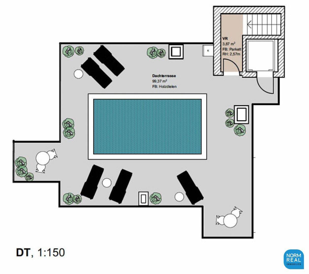 Grundriss der Dachterrasse mit Pool und Liegeflächen, Gesamtfläche 99,37 m².
