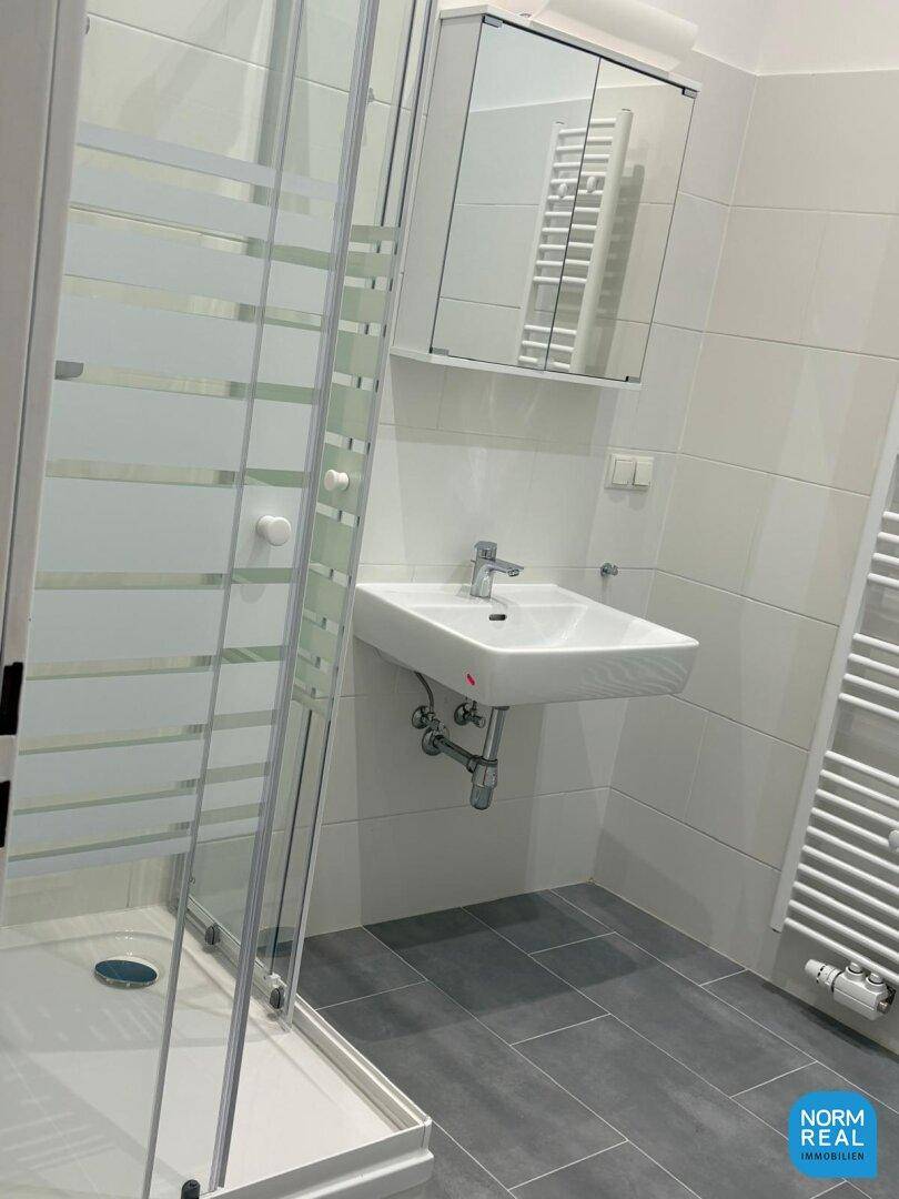 Modernes Badezimmer mit Duschkabine, Einzelwaschbecken und beheiztem Handtuchhalter auf grauen Fliesen.
