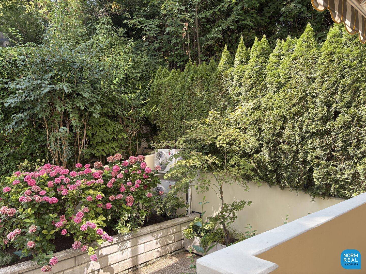 Blick auf den Garten mit üppigem Grün, blühenden Hortensien und sichtbaren Klimaanlagen.