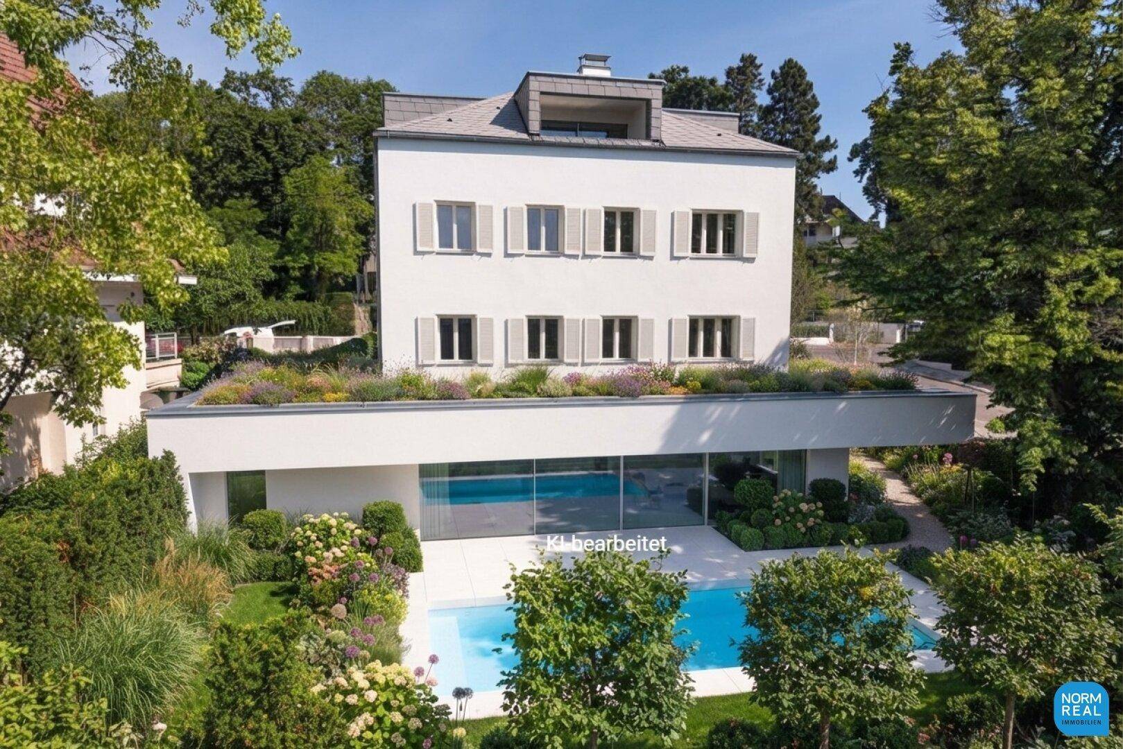 Luftaufnahme der modernen Villa mit Dachbegrünung, großem Garten und einladendem Swimmingpool.