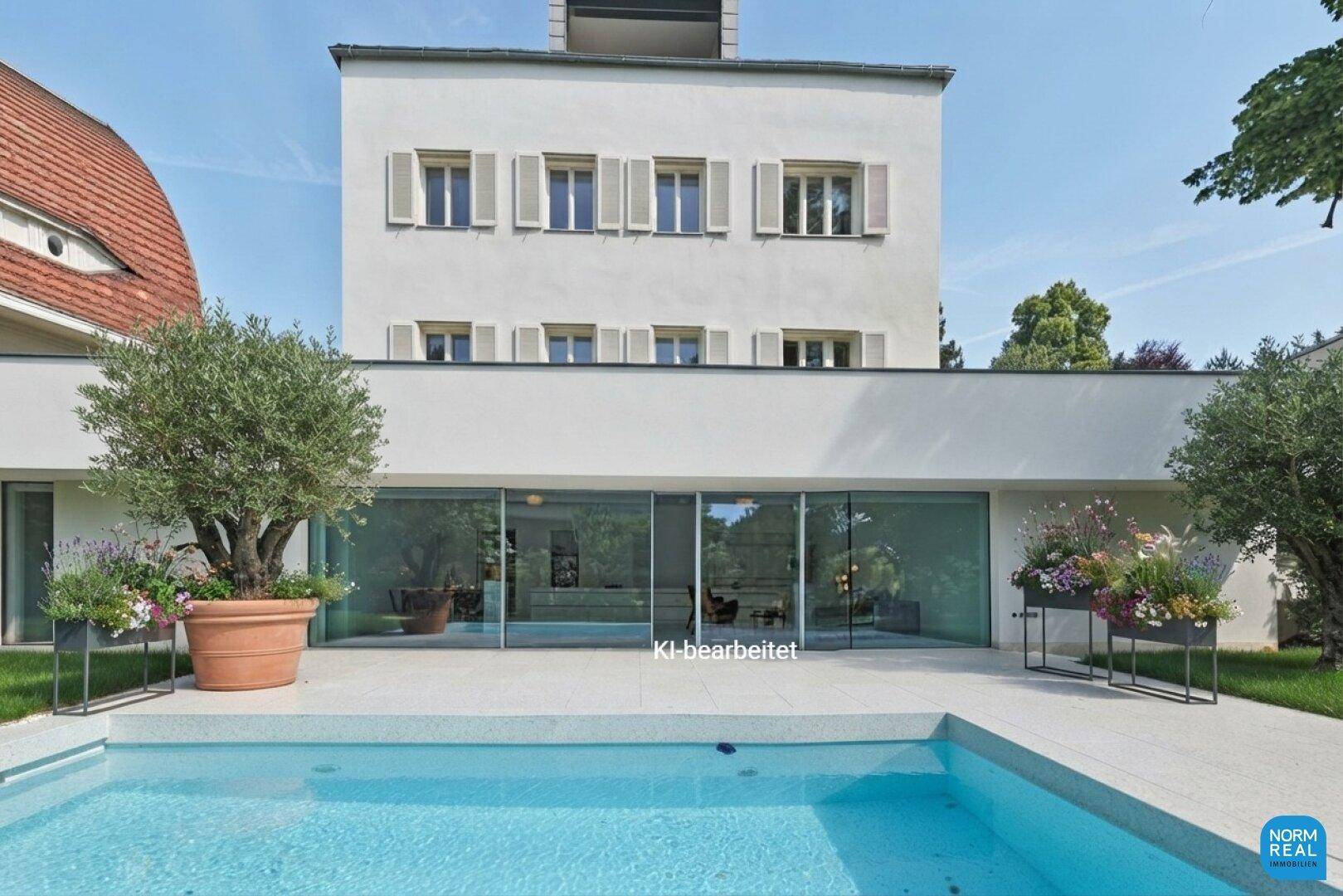 Elegante Fassade der Villa mit großzügiger Poolterrasse und mediterranen Pflanzen.