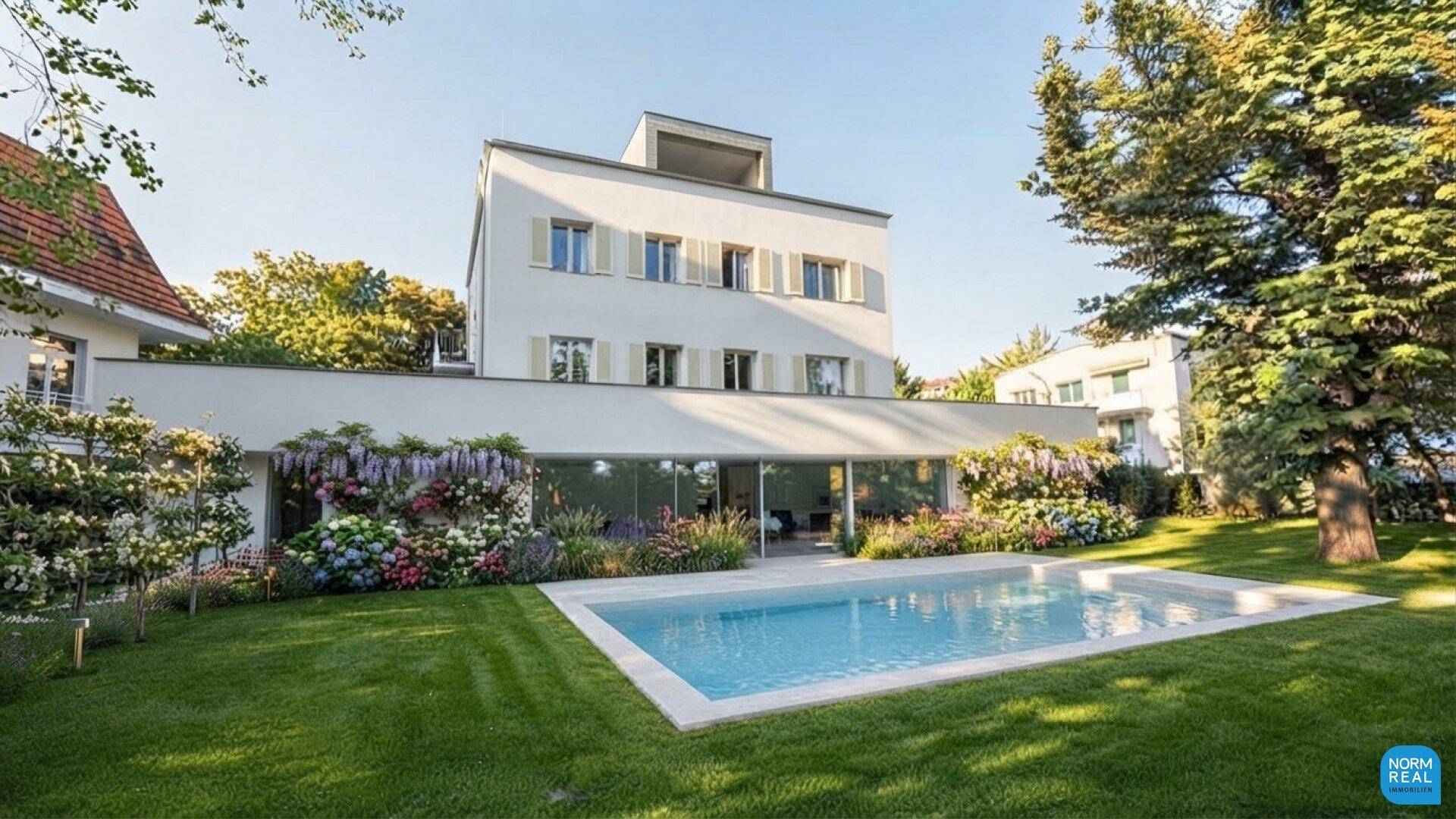 Moderne Villa mit weitläufigem Garten und großem Swimmingpool unter strahlendem Himmel.