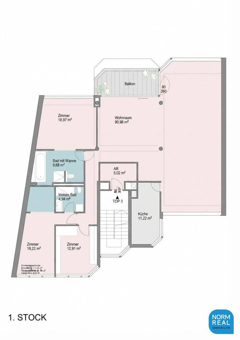 Grundriss der ersten Etage zeigt die Raumaufteilung mit Wohnraum, Küche und drei Zimmern.