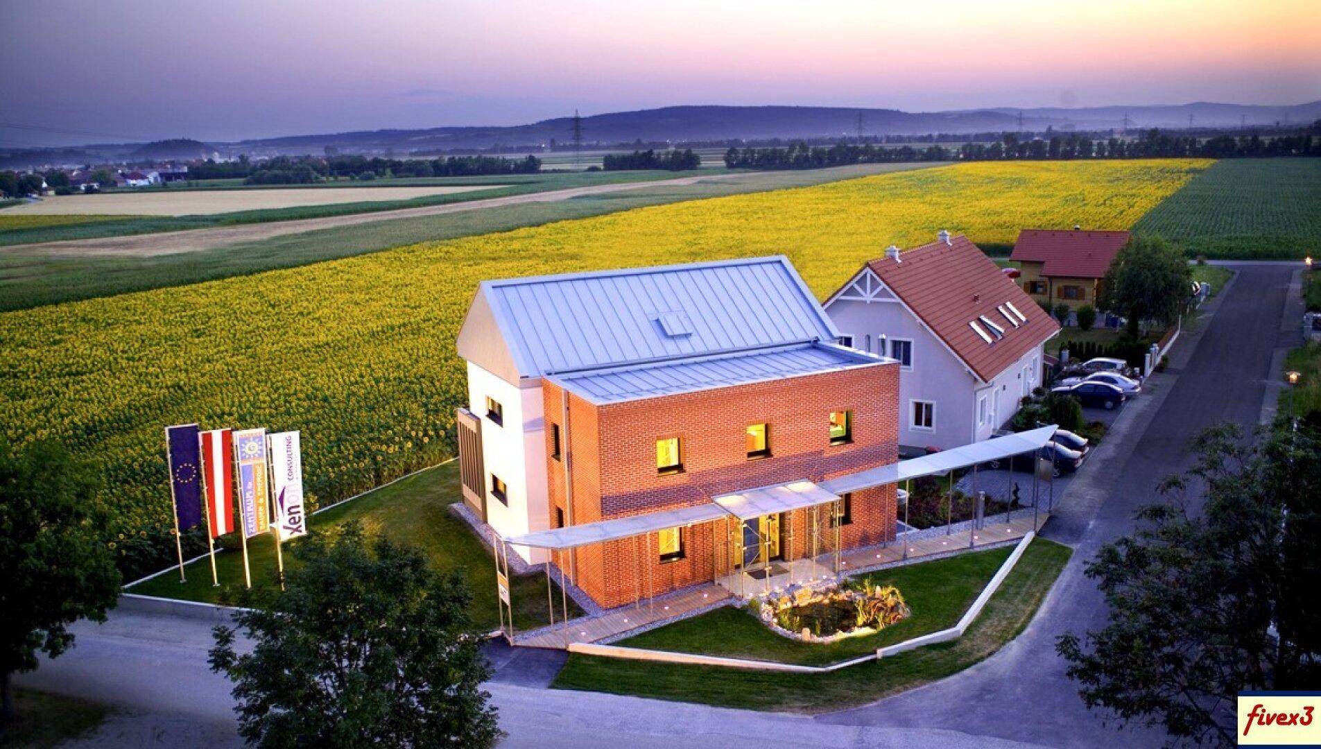 Abendliche Luftaufnahme eines modernen Hauses mit Solaranlage, umgeben von blühenden Feldern.