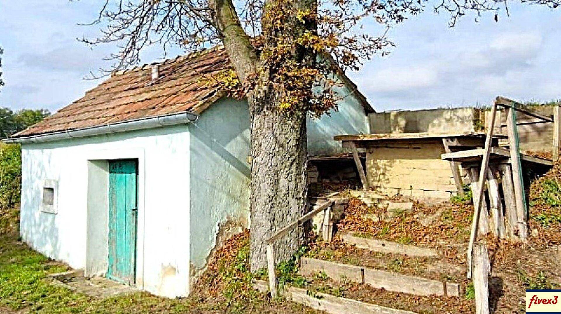 Ansicht eines kleinen, alten Gebäudes mit Ziegeldach und einer rustikalen Treppe, umgeben von herbstlicher Vegetation.