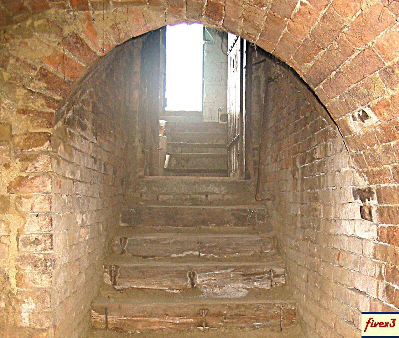 Blick die gewölbte Ziegelkellertreppe hinauf zu einer offenen Tür, die Licht in den rustikalen Raum lässt.