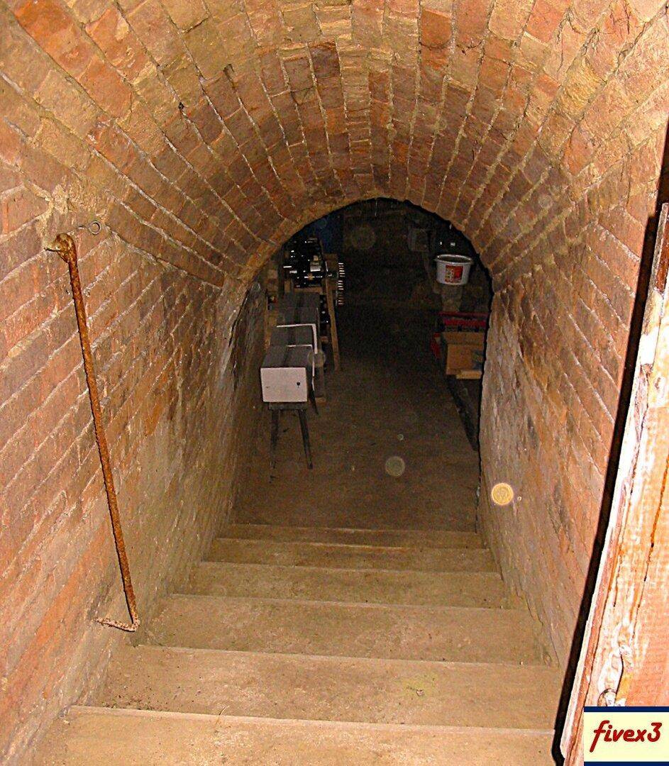 Gewölbter Ziegelkeller mit einer Treppe, die in einen dunklen Lagerbereich führt, ideal für Wein oder Vorräte.