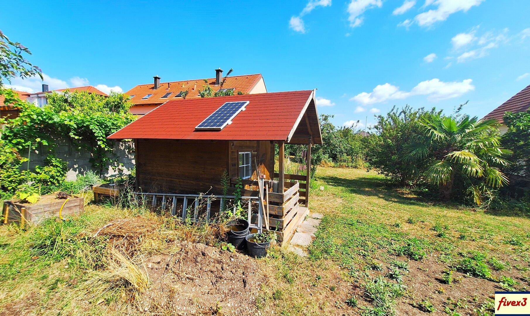 Kleiner Holzschuppen im Garten mit Solarmodul auf dem roten Dach und umgebender Vegetation.