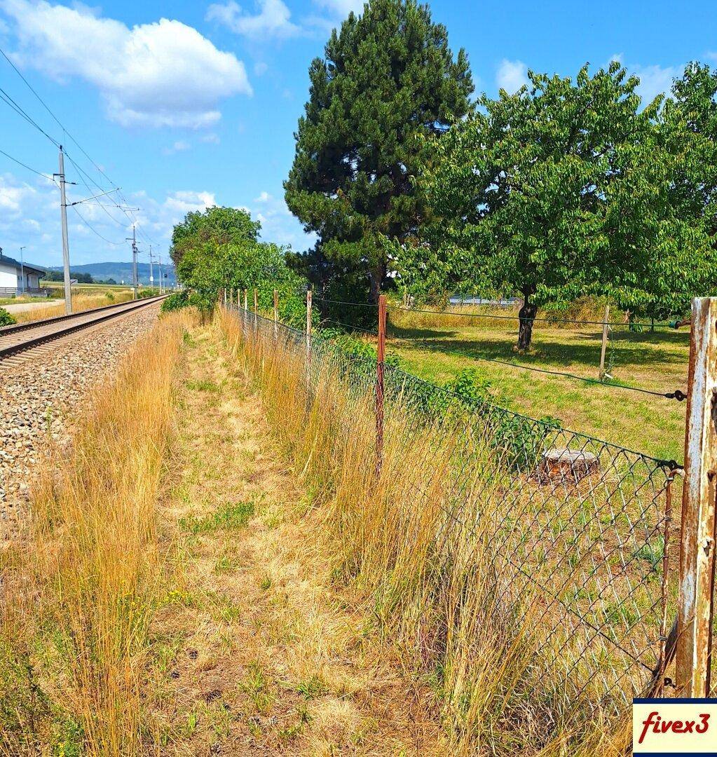 Blick entlang eines Zauns neben einer Bahntrasse mit Bäumen und trockenem Gras.