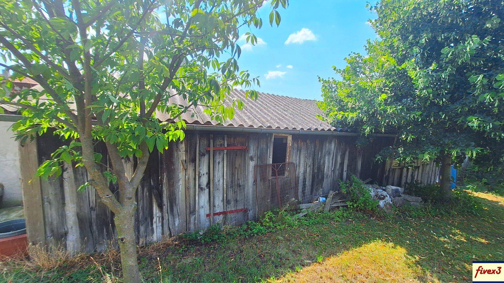 Seitenansicht eines rustikalen Holzschuppens mit Wellblechdach im ländlichen Garten.