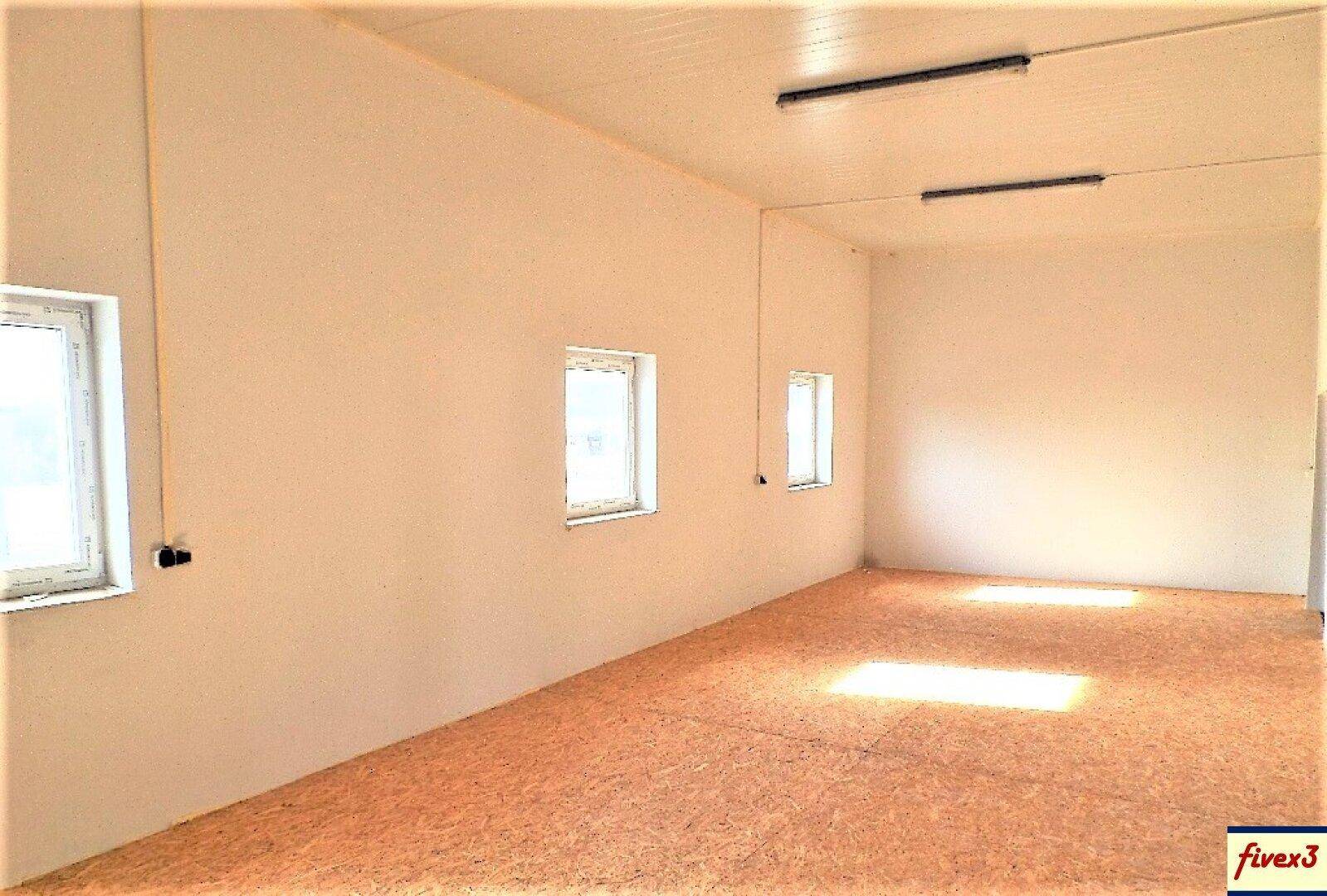 Leerer Innenraum mit hellen Wänden, OSB-Plattenboden und mehreren Fenstern, die viel Tageslicht hereinlassen.
