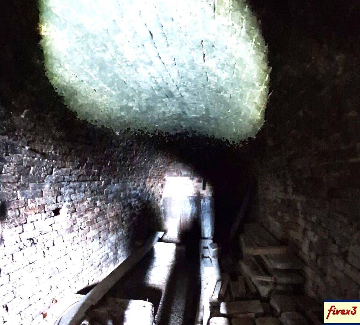 Gewölbter Kellergang mit Ziegelwänden und einem Lichtschein am Ende, der die Tiefe des Raumes betont.
