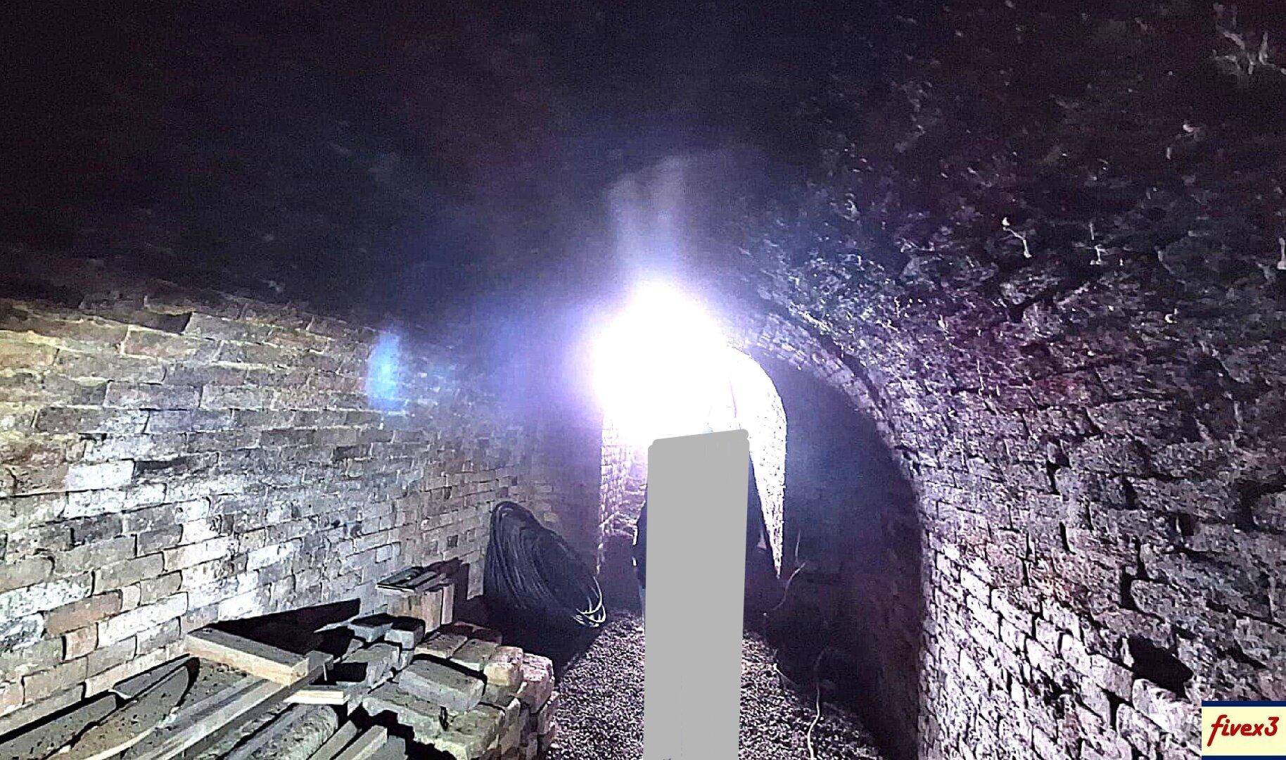 Dunkler, gewölbter Kellergang mit Ziegelwänden, beleuchtet von einer Lichtquelle am Ende des Ganges.