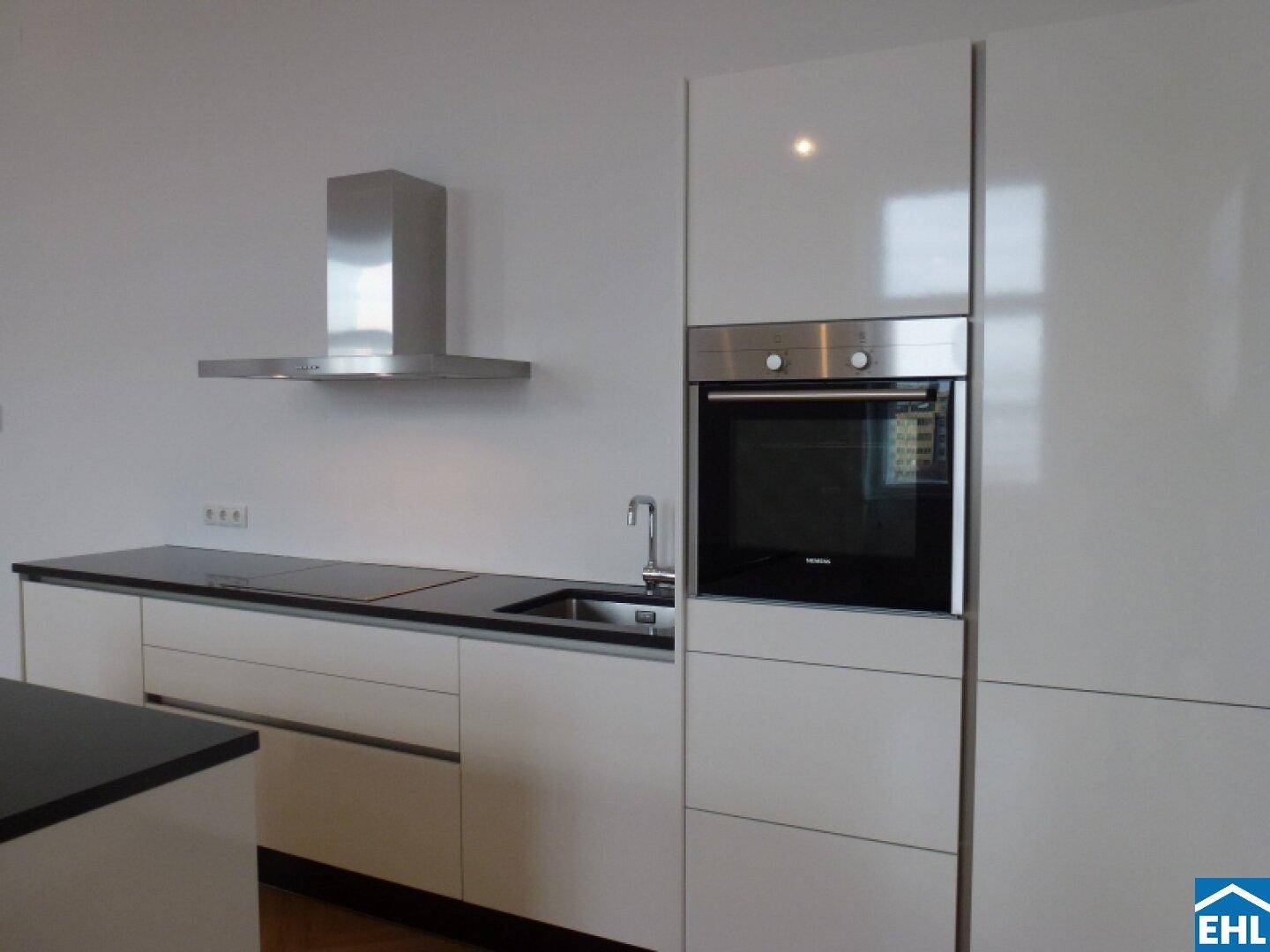 Detailansicht der modernen Küche mit Induktionskochfeld, Spüle und integriertem Backofen.