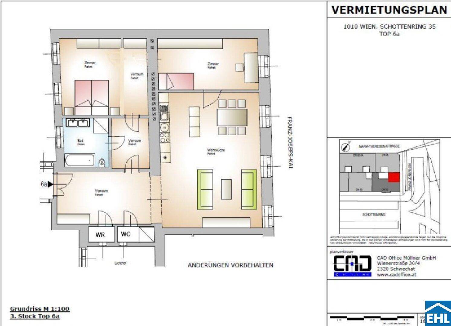 Grundriss einer Wohnung mit zwei Schlafzimmern, Bad und offener Wohnküche.