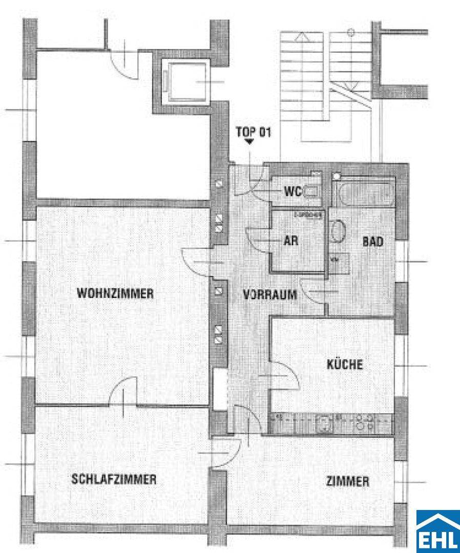 Grundriss der Wohnung mit Wohnzimmer, Schlafzimmer, Küche und Bad.