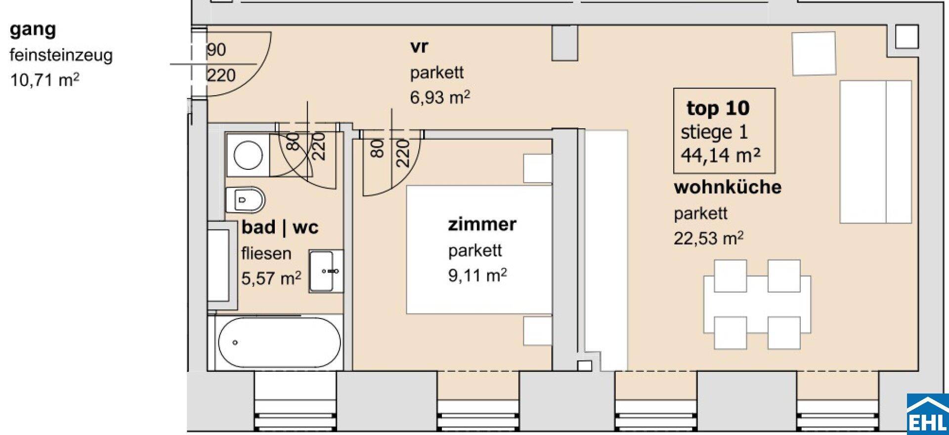 Grundriss der Wohnung mit Wohnküche, Zimmer, Bad und WC, inklusive Flächenangaben.