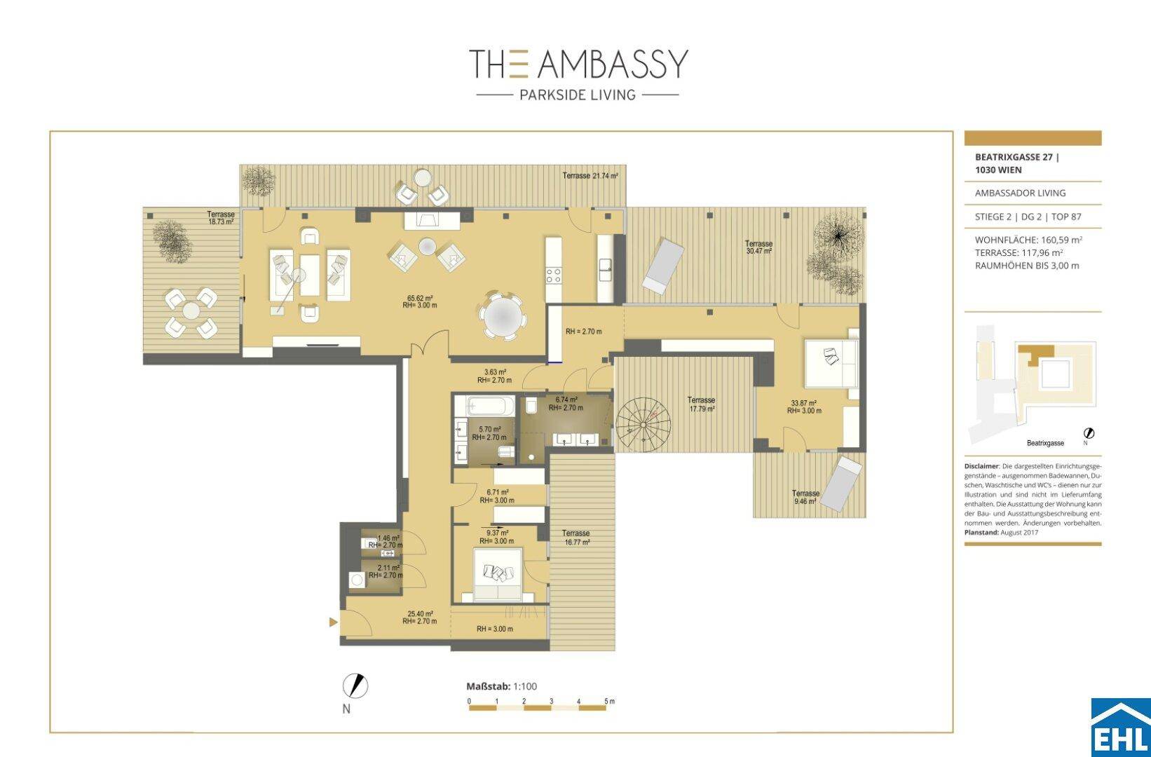 Detaillierter Grundriss einer Wohnung mit mehreren Zimmern und großzügigen Terrassenbereichen.