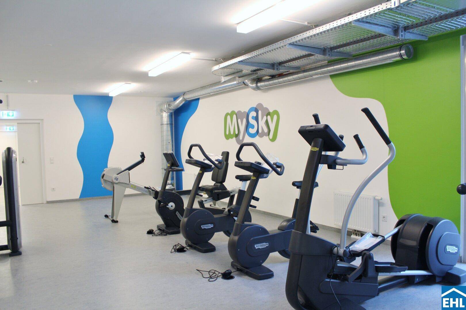 Moderner Fitnessraum mit verschiedenen Trainingsgeräten und farbigen Wandakzenten.