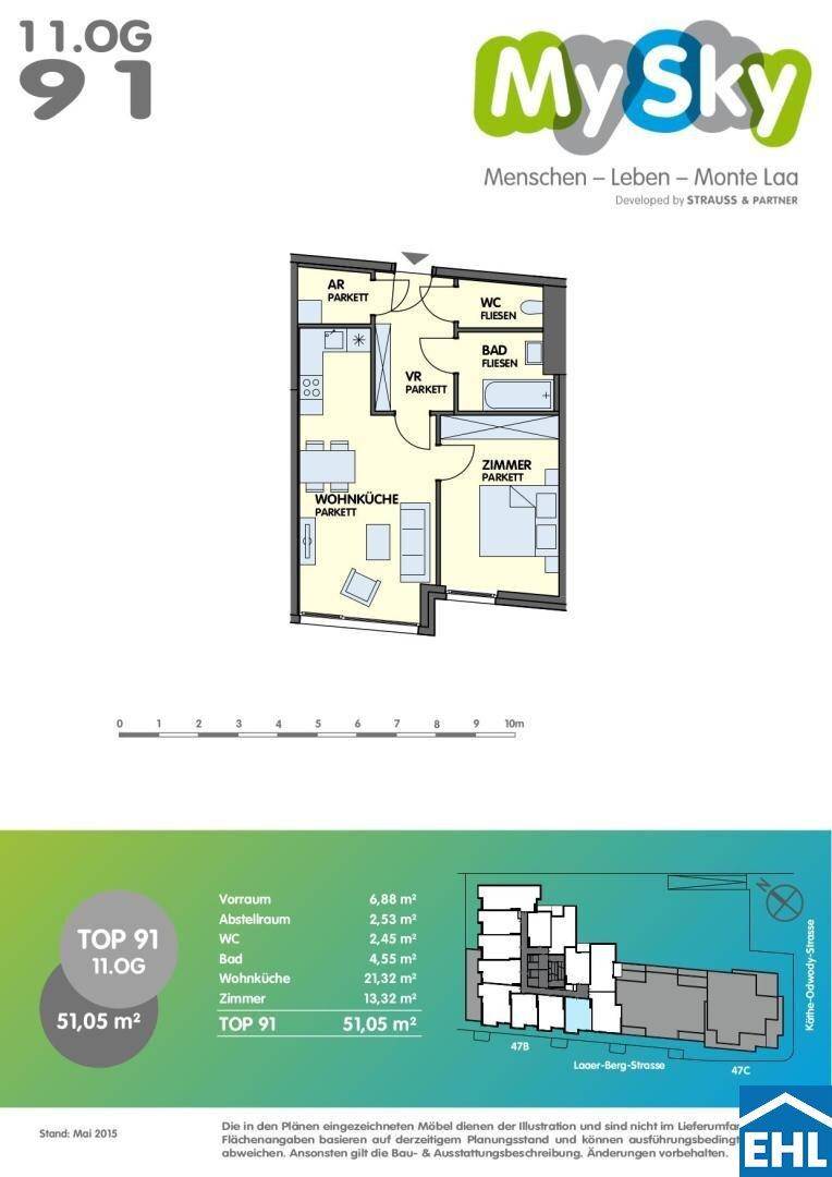Grundriss einer Wohnung im 11. Obergeschoss mit Wohnküche, Zimmer und Bad.