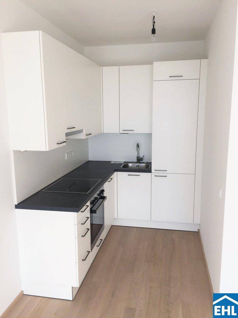 Moderne Einbauküche mit weißen Schränken, dunkler Arbeitsplatte und integrierten Geräten.