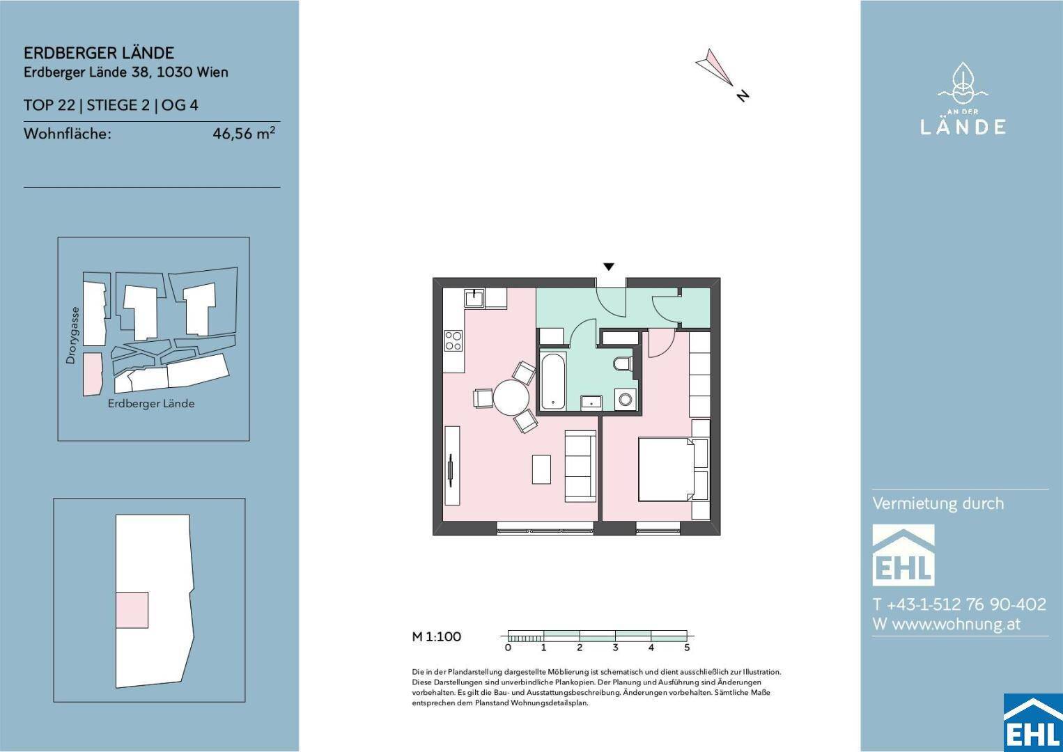 Grundriss der Wohnung mit 46,56 m² Wohnfläche, offenem Wohnbereich, Schlafzimmer und Bad.