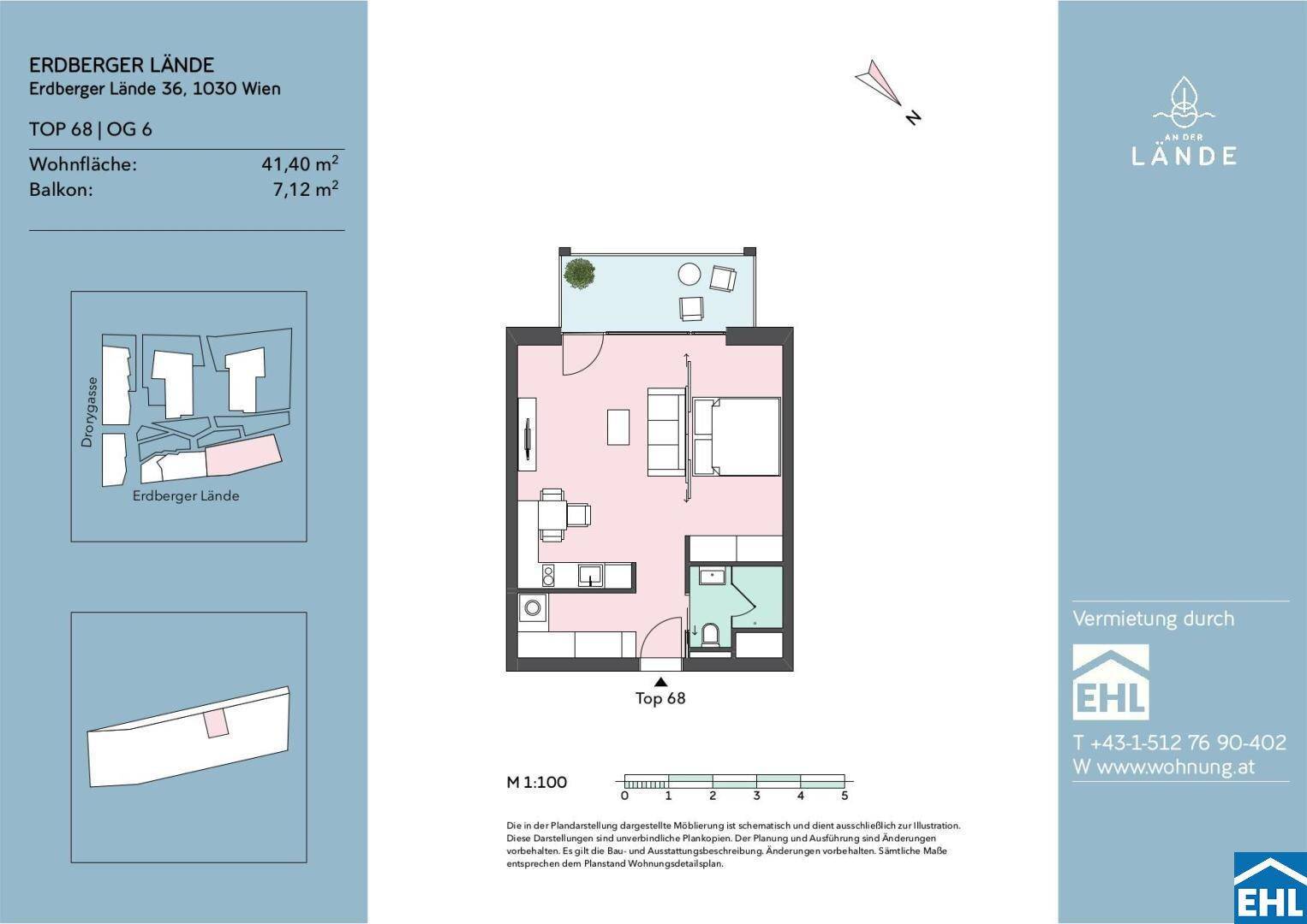 Grundriss einer Wohnung mit 41,40 m² Wohnfläche und 7,12 m² Balkon.