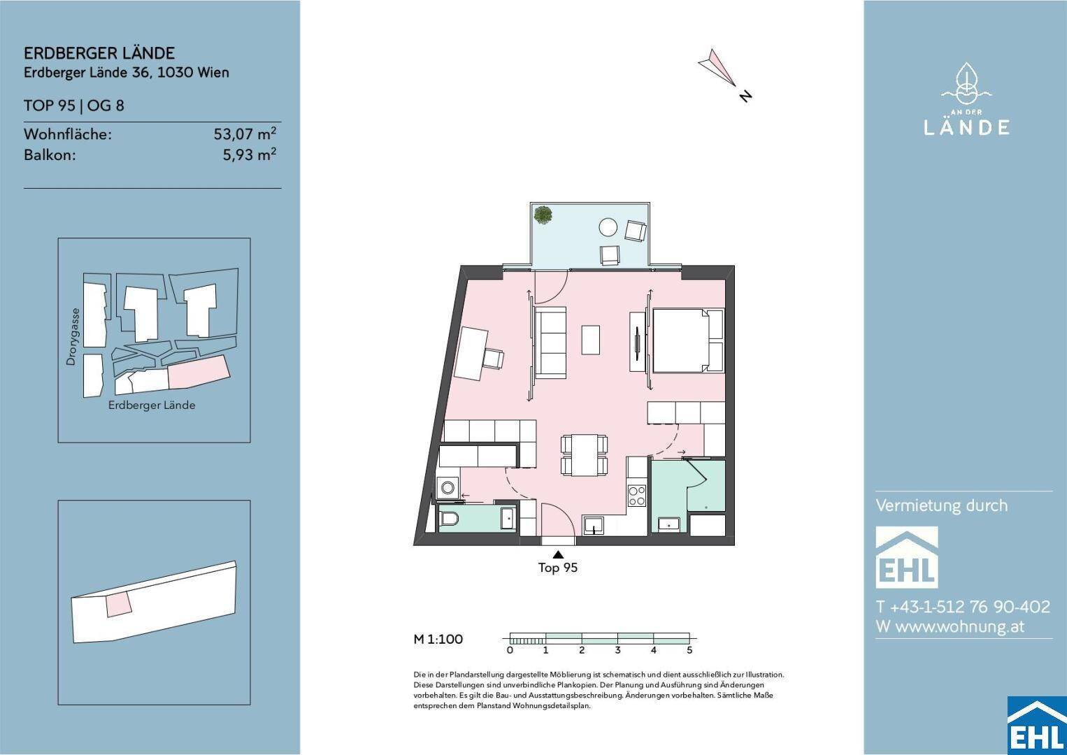 Grundriss der Wohnung Top 95 mit offenem Wohnbereich und Balkon.