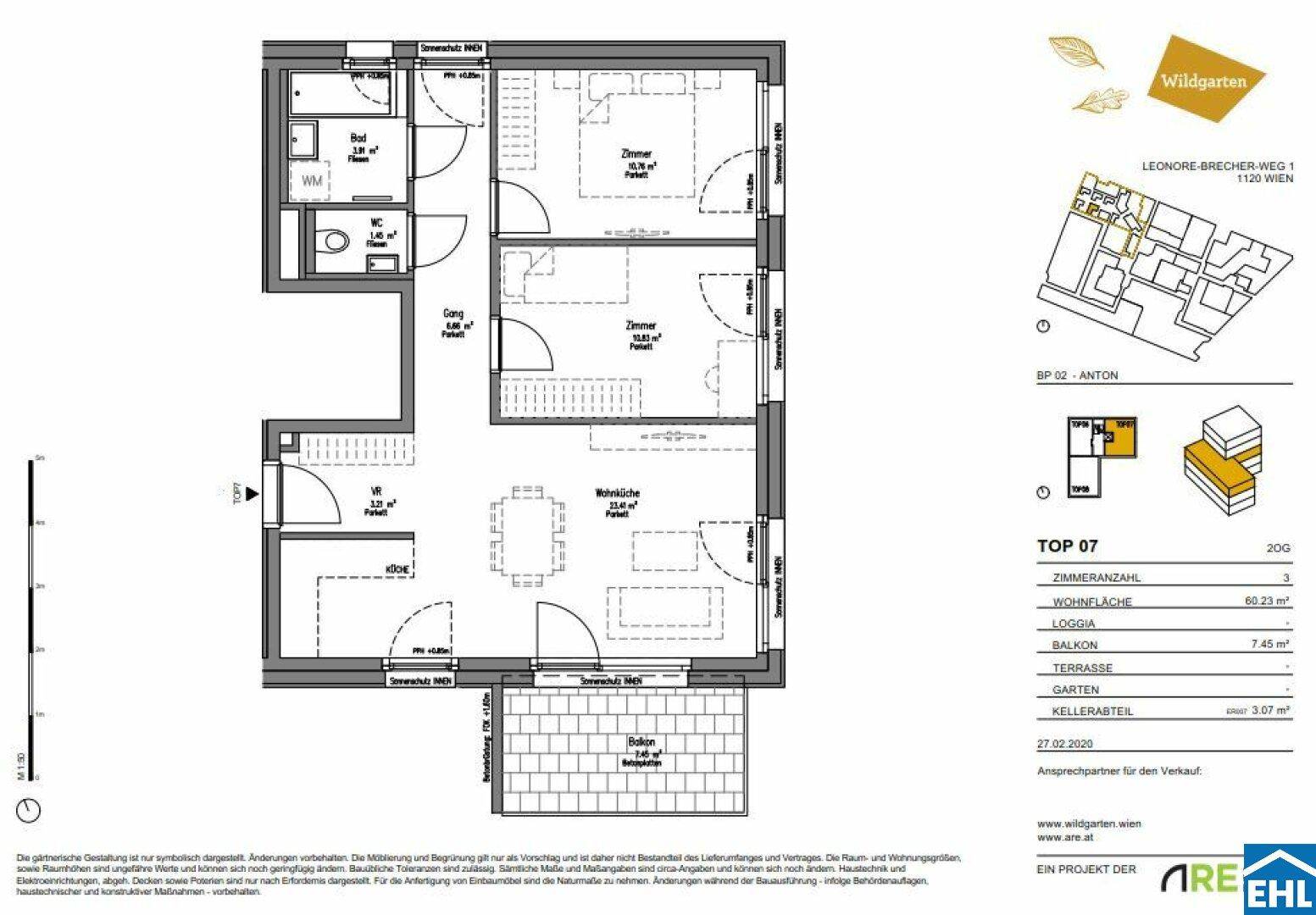 Grundriss der Wohnung Top 07 mit drei Zimmern, Loggia und Kellerabteil.