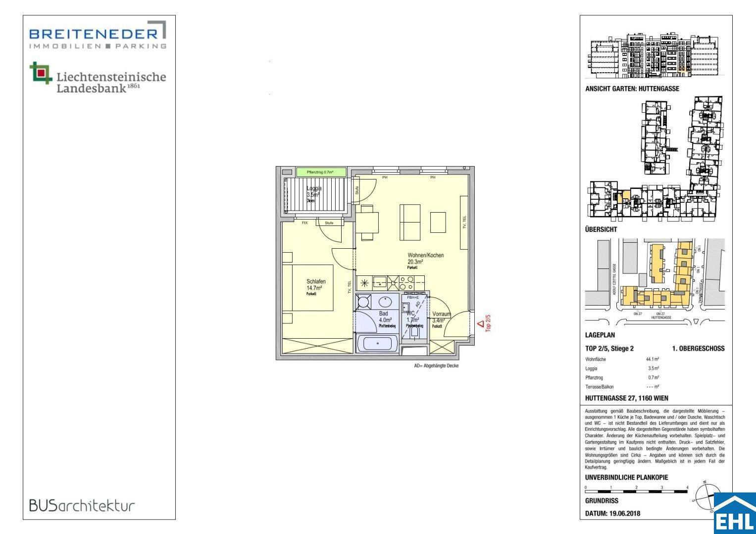 Detaillierter Grundriss einer Wohnung im Obergeschoss mit Wohnküche und Schlafzimmer.