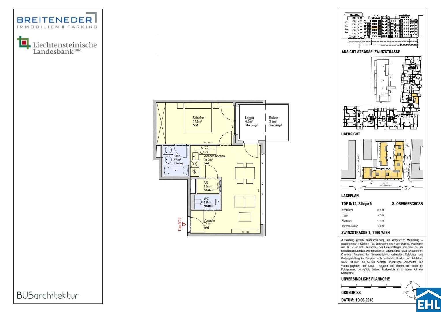 Detaillierter Grundriss einer Wohnung mit Schlafzimmer, Wohnbereich, Bad, Balkon und Loggia.