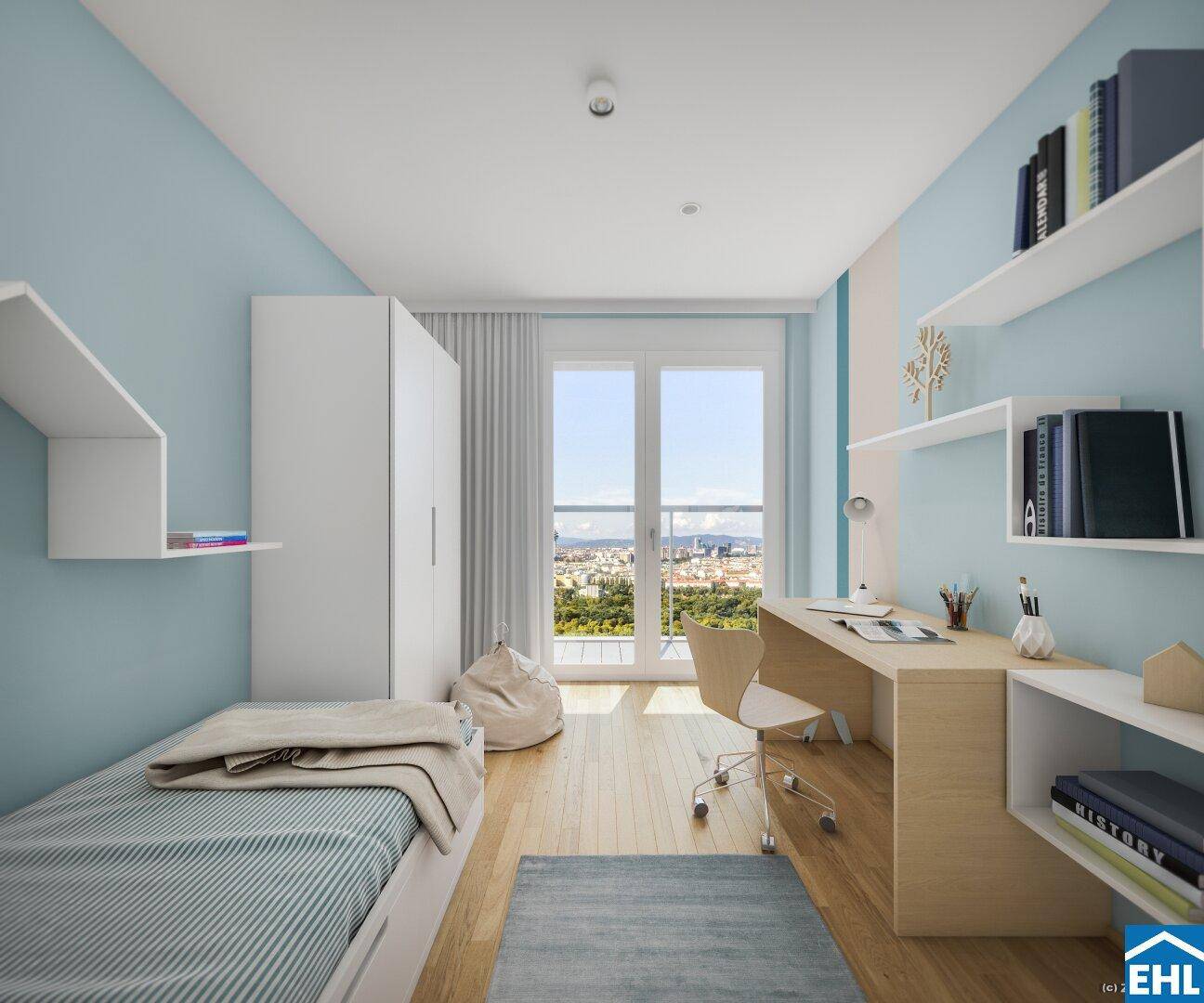 Kinderzimmer mit Schreibtisch, Regalen und Zugang zu einem französischen Balkon.