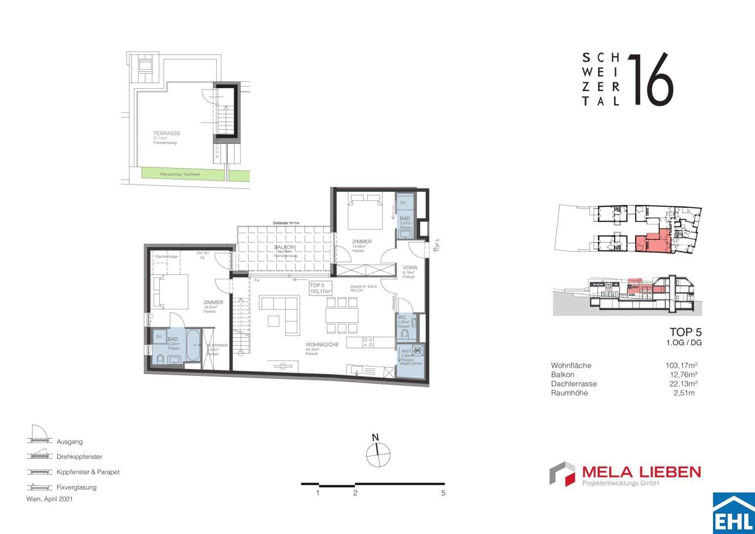 Grundriss für Top 5 zeigt eine Wohnung mit offenem Wohnbereich, Balkon und Dachterrasse.