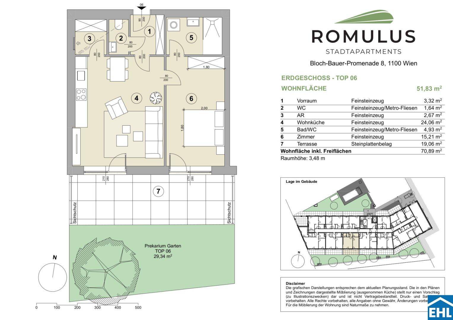 Grundriss einer Erdgeschosswohnung mit Terrasse, Garten und offenem Wohnbereich.