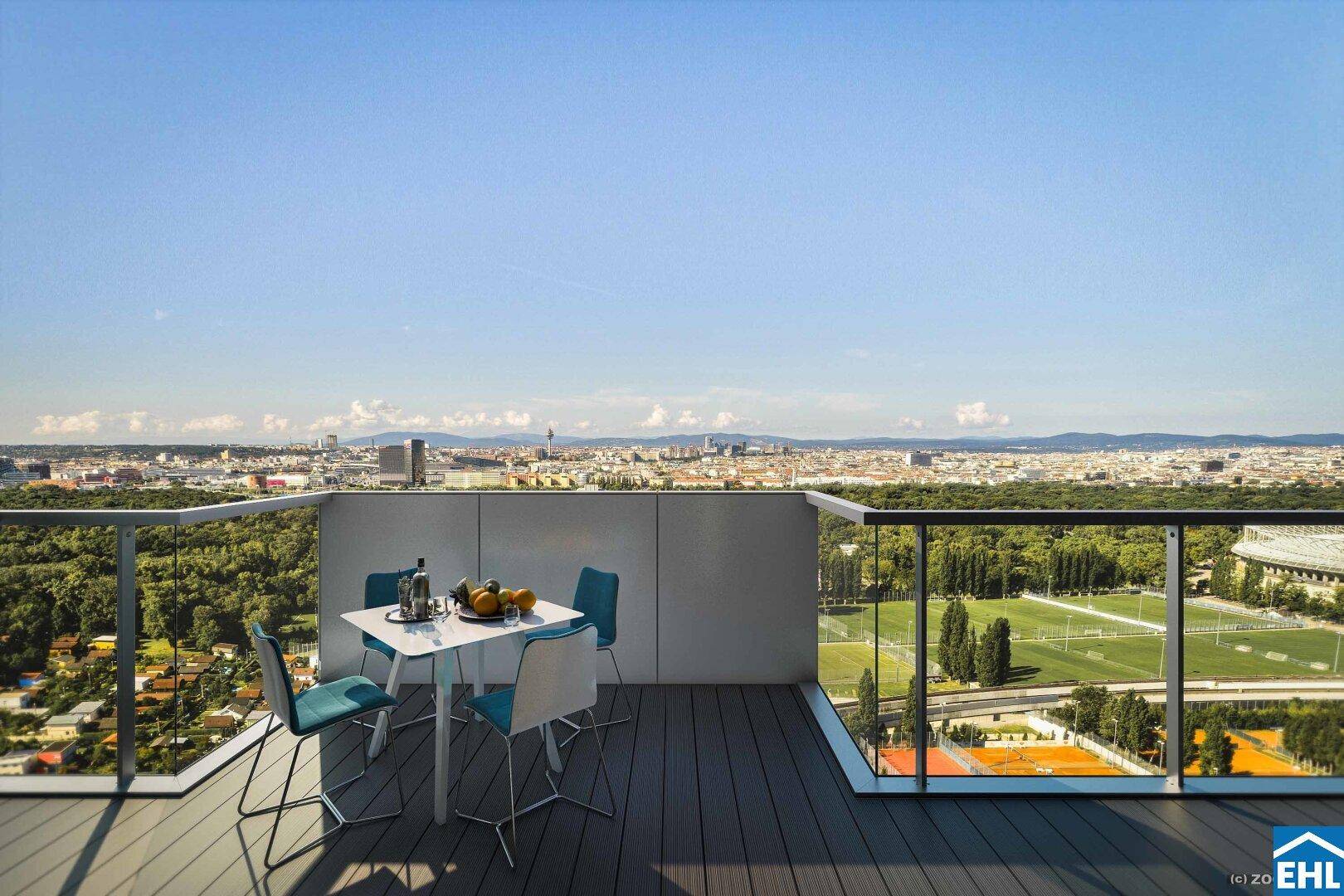 Breiter Balkon mit Sitzgelegenheiten und beeindruckendem Blick auf die Stadt und Sportplätze.