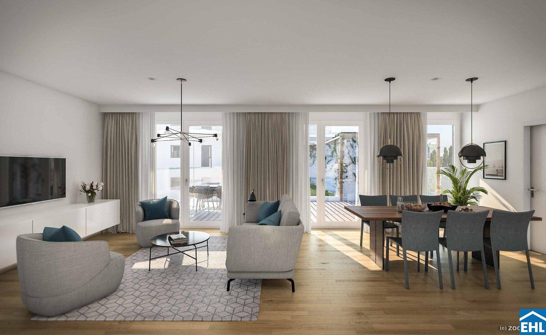 Heller Wohn- und Essbereich mit großen Fenstern und modernem Interieur.