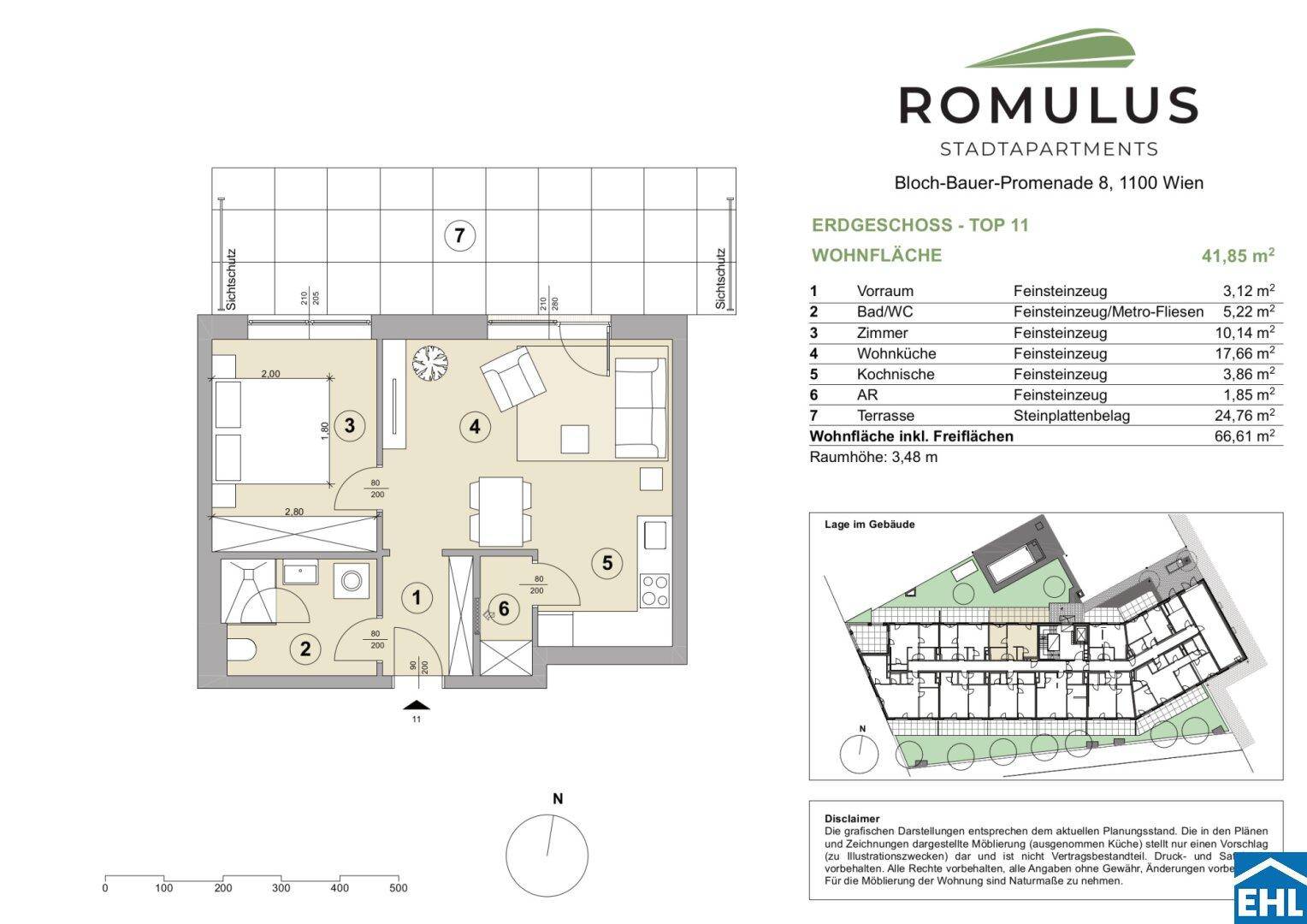 Grundriss der Erdgeschosswohnung mit Terrasse und offenem Wohnbereich.